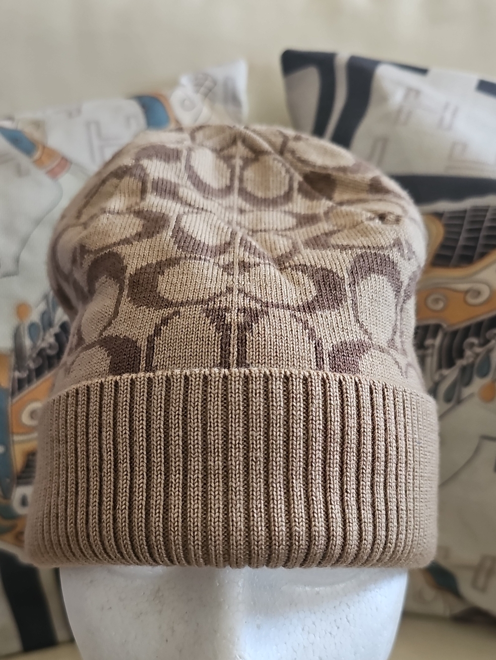 Coach Unisex Knit Beanie Hat - Beige Brown Pattern